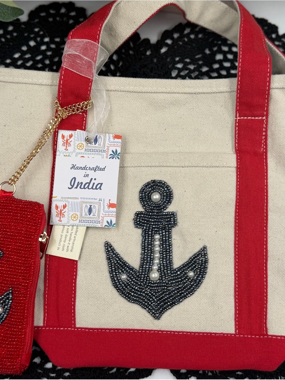 viral nautical anchor canvas tote bag with beaded coin pouch nwt